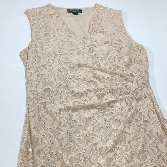 Lauren Ralph Lauren v neck floral lace side gather cream Nude midi dress size 14 - Picture 14 of 15